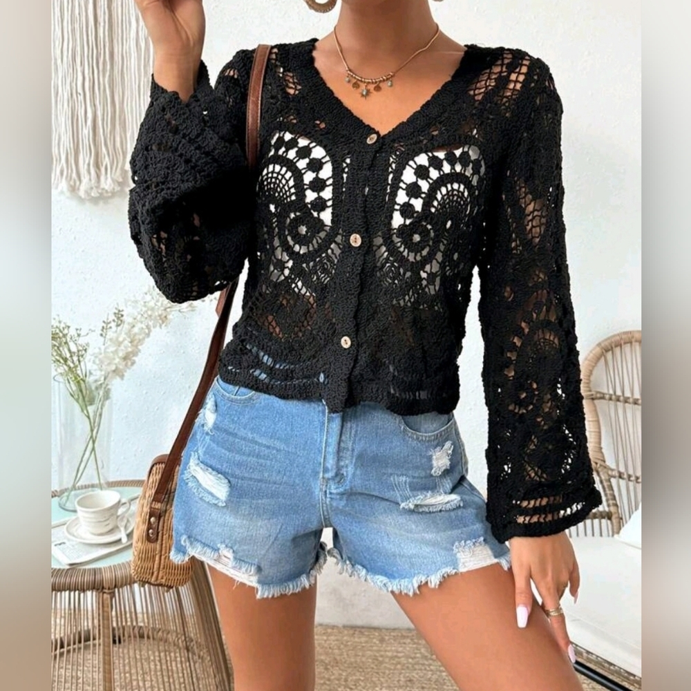 NWOT Black Crochet Button-Front Cardigan 🖤